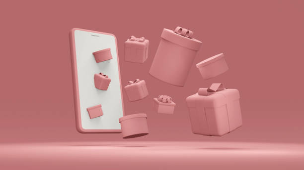istock 3D Rendering concept of online shopping: smartphone with gift boxes flying out from the screen for commercial design. 3D render. 1387917421