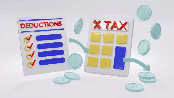 Photo of 3d Rendering concept of tax: a calculator, coins, arrows and a list of deductions on background. 3D render.