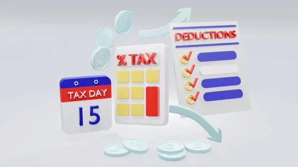 Photo of 3d Rendering concept of tax: a calculator, coins, arrows, a list of deductions and a calendar on background. 3D render.
