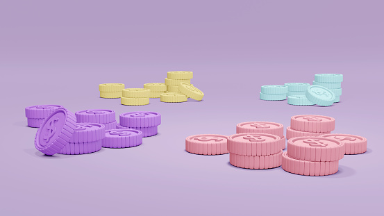 3D Rendering concept of money and currency. stacks of money coins in many colors. Colorful. Pastel. 3D illustration.