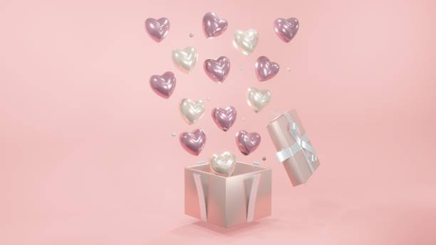 istock 3D Rendering concept of heart shape in pink and white flying out from a present box for commercial design. 3d Render. Pink theme 1387917573