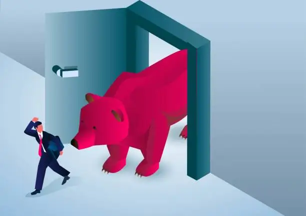 Vector illustration of Ferocious bear running out of open door scares away businessman.