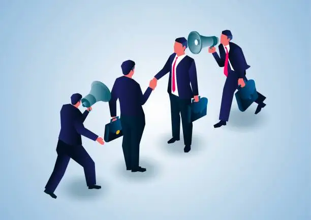 Vector illustration of Calling and promoting cooperation and communication, two managers holding megaphones shouting two businessmen shaking hands and cooperating