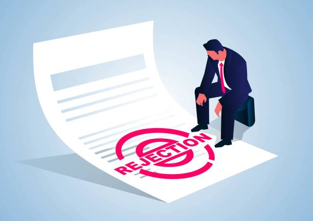 разочарованный бизнесмен сидит на отвергнутом штампе документа. - legal failure stock illustrations