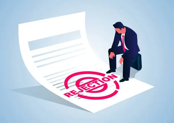 Vector illustration of Disappointed businessman sitting on rejected stamp document.