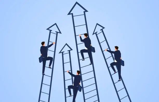Vector illustration of Businessman climbing up the arrow ladder, job competition and career development, self-improvement and challenge.