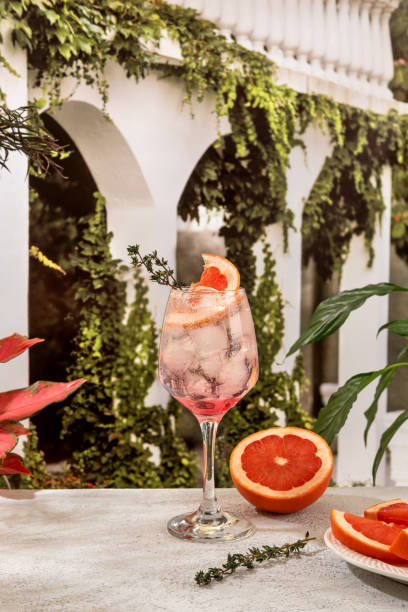 Mocktail Paloma. Refreshing grapefruit cocktail with ice and thyme. Cocktail of fresh pink Paloma
