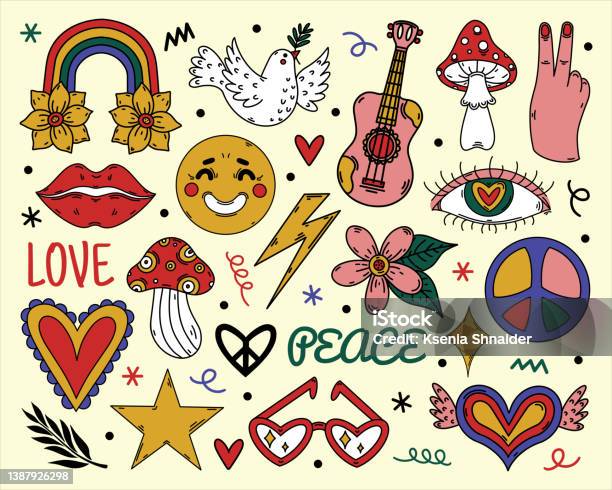 Vintage 70s Groove Elements Cute Hippie Symbols Cartoon Stickers Rainbow  Flowers Mushrooms Hearts Guitar Dove Bright