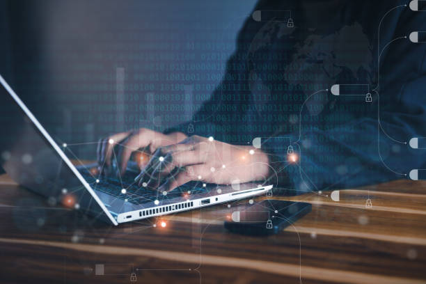 Technology Database Access for Business Financial Security. Businesswoman Analyzing Information Code on Laptop With Virtual Interface Network System. Security Cyber Management for Global Business acceso a la base de datos de tecnología para la seguridad financiera empresarial. mujer de negocios analizando el código de información en una computadora portátil con sistema de red de interfaz virtual. gestión cibernética de seguridad para negocios