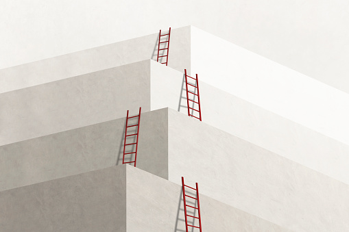 A series of red ladders lead to successively higher levels.