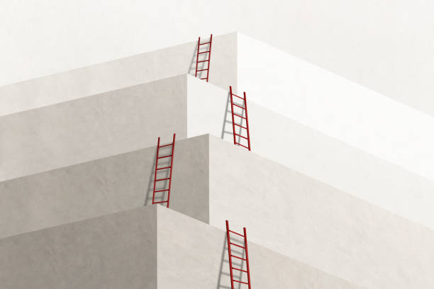 Series of Ladders Leading To Successively Higher Levels A series of red ladders lead to successively higher levels. promotion employment stock pictures, royalty-free photos & images