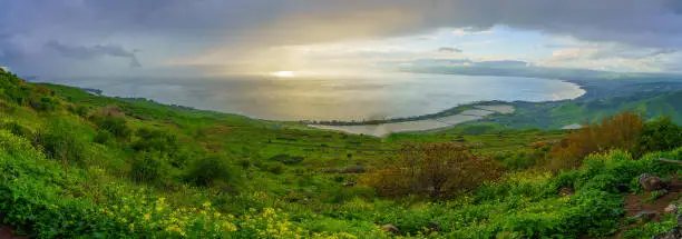Panoramic view of the Sea of Galilee, from the Golan Heights, on a foggy winter day. Northern Israel