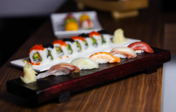 istock Japanese maki sushi roll and salad 1387934266