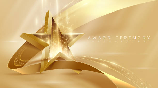 3d gold star with ribbon element and glitter light effect decoration and bokeh and beam. Luxury award ceremony background. 3d gold star with ribbon element and glitter light effect decoration and bokeh and beam. Luxury award ceremony background. ribbon background stock illustrations