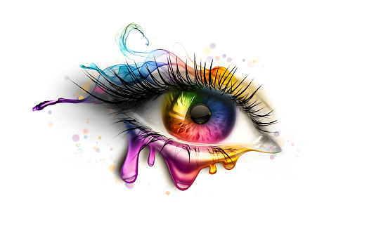 Bright Human Eye with Rainbow Colors on a White Background
