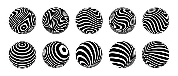 набор 3d оптических иллюзий на сферах. сферы из скрученных полос. эффект иллюзии. черно-белое 3d искусство. векторная иллюстрация. - illusion spiral black white stock illustrations