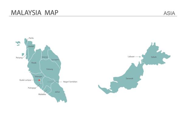 illustrazioni stock, clip art, cartoni animati e icone di tendenza di illustrazione vettoriale della mappa della malesia su sfondo bianco. mappa hanno tutte le province e segnare la capitale della malesia. - malaysia