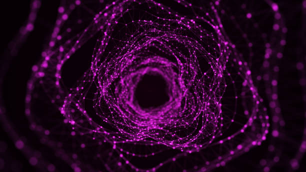 istock Abstract dynamic wireframe tunnel on purple background. Deep wave wormhole. Futuristic particle flow. 3d rendering. 1387945037