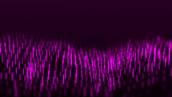 Abstract dynamic wave flow of purple vertical lines on purple background. Digital wave background concept. Big data visualization.