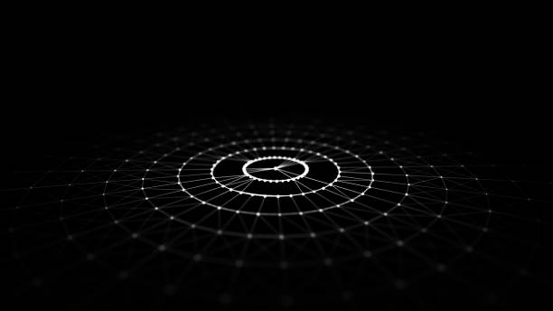 istock Abstract black background of circular flow of particles. Digital cyberspace. Network connections structure. 3D rendering. 1387945135