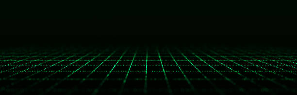 Dynamic flow of digital particles. Perspective grid of interlaced dots. Network connection structure. Big data visualization. 3D rendering.
