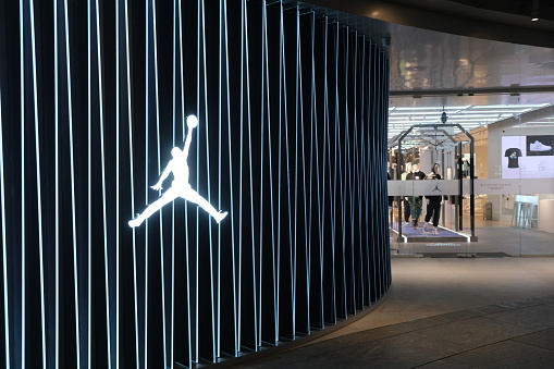 Shanghai,China-Dec. 19th 2021: Air Jordan store exterior and brand logo.