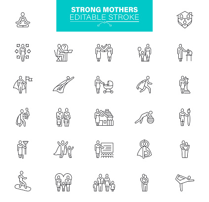 Strong Mothers Icon Set. Super Mom, Super Woman Editable stroke.