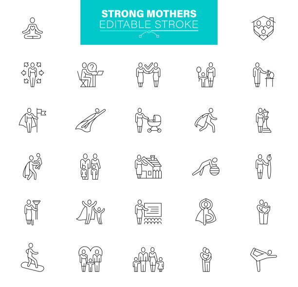 Strong Mothers Icons, Editable Stroke. Contains Icon as Yoga, Sport, Gymnastics, Superhero vector art illustration