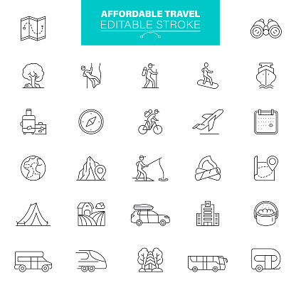 Affordable Local Travel Icon Set. Camping and Outdoor Line Icons, Editable stroke.