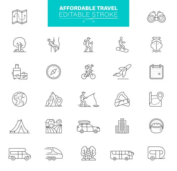 Vector illustration of Affordable Local Travel Icons, Editable Stroke. Contain Icon as Navigation, Tourism, Map, Camping, Direction