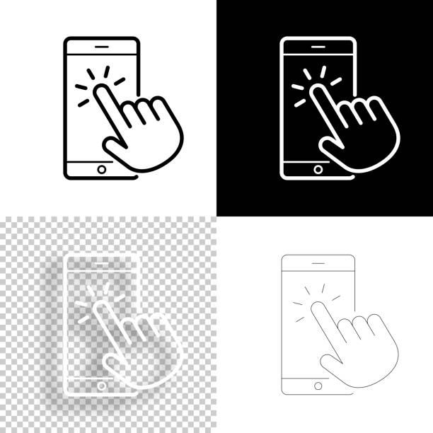 ilustrações de stock, clip art, desenhos animados e ícones de touch smartphone with hand. icon for design. blank, white and black backgrounds - line icon - human hand on black