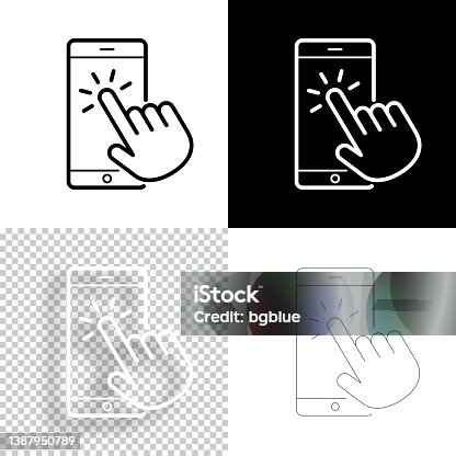 istock Touch smartphone with hand. Icon for design. Blank, white and black backgrounds - Line icon 1387950789