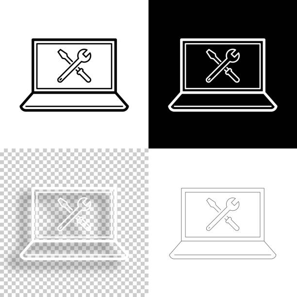 laptop-einstellungen - extras. icon für design. leere, weiße und schwarze hintergründe - liniensymbol - computer repairing work tool clipping path stock-grafiken, -clipart, -cartoons und -symbole