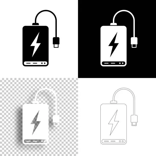Vector illustration of Power bank. Icon for design. Blank, white and black backgrounds - Line icon