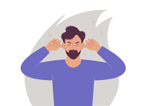 Man while eyes closed covering ears with fingers ignoring annoying sounds and words. I can't see or hear anything. Ignoring problems. Vector