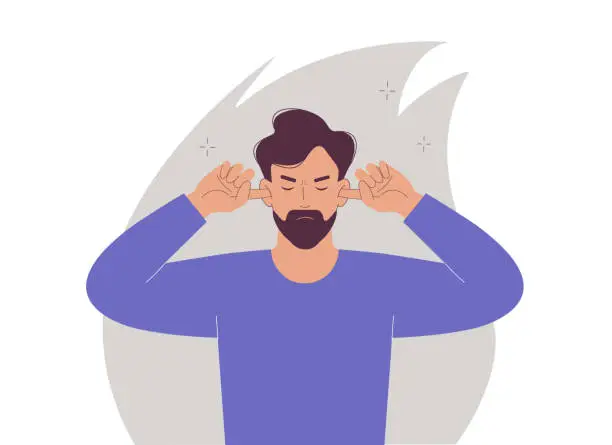 Vector illustration of Man while eyes closed covering ears with fingers ignoring annoying sounds and words. I can't see or hear anything. Ignoring problems.