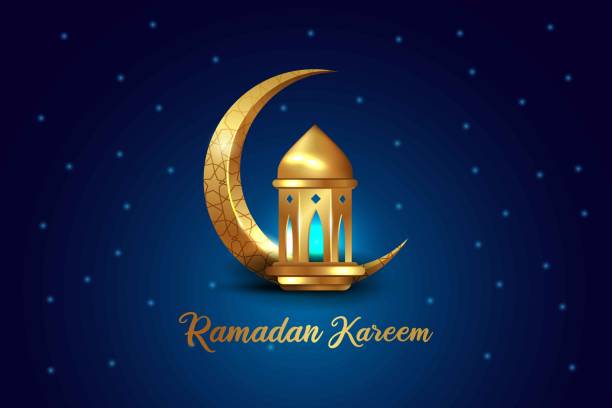istock Ramadan kareem islamic greeting design with golden moon and glow lantern illustration 1387953453