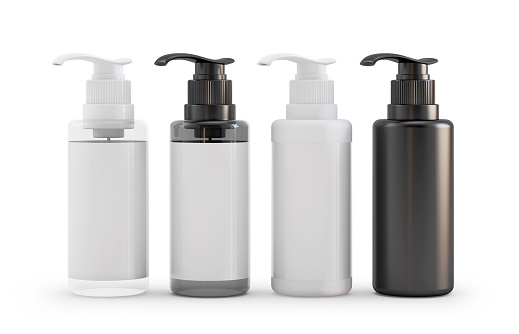 collection of various plastic soap bottle on white background