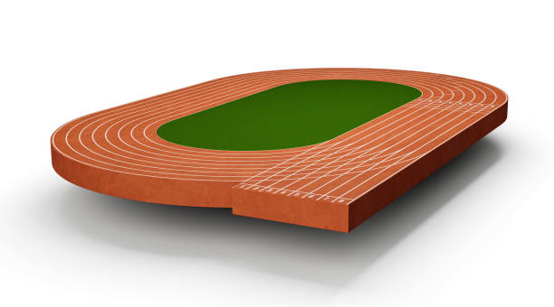 running track on stadium with lane and numbers 3d cross section with running track, 3d illustration cut away with empty sport track isolated on white background - starting line sprinting track and field track event imagens e fotografias de stock