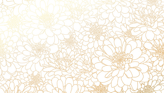 Golden chrysanthemum flowers in hand drawn line art on white background. Decorative print for wallpapers, wrappings, wedding invitations, greetings, backdrops.