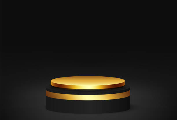 istock Black and gold luxury podium with glow effect. Black room studio with black and gold podium stage. Demonstration and advertising of products. 1387962269