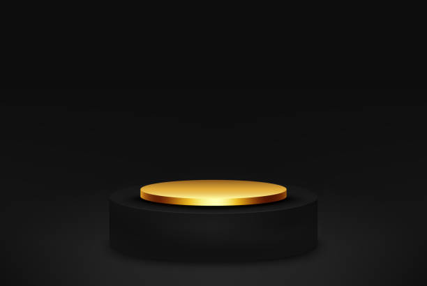 istock Minimalist podium with a light effect to showcase your product. Round podium in black and gold, 3D cylinder on a black background. Luxurious platform or stage. Vector illustration 1387962347