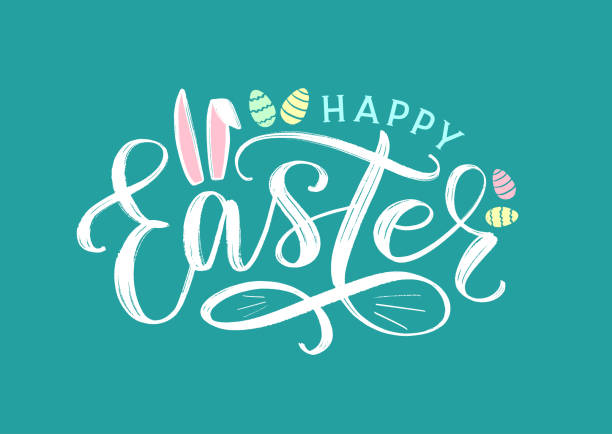 Happy Easter typography poster. Modern brush lettering Happy Easter with bunny ears and easter eggs as template for poster, web banner, card, postcard, invitation, promotion, label. Vector illustration easter stock illustrations