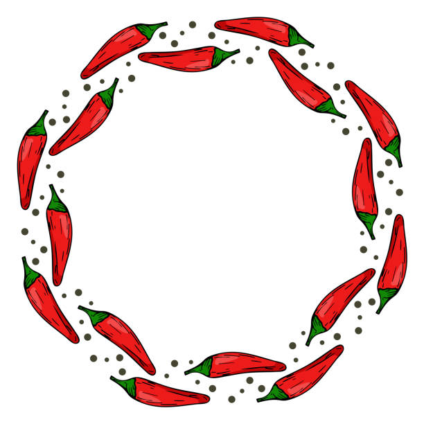 Round frame with chili peppers Round frame with chili peppers. Bright red pepper in a circle. Spicy spicy vegetables rim vector illustration chili pepper border stock illustrations