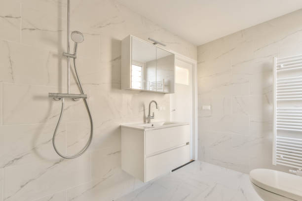 istock Marble bathroom in a modern house 1387966172