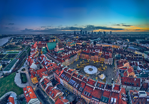 Beautiful panoramic aerial drone skyline sunset view of the Warsaw City Centre