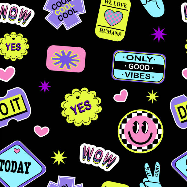 istock Abstract hipster cool trendy Background With Retro Stickers Vector Design.Cool trendy retro stickers with smile faces, cartoon comic label patches.Funky, hipster retrowave stickers in geometric shapes 1387967338