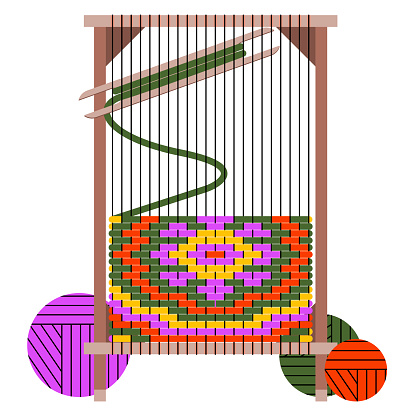 Vector illustration - a wooden machine for hand carpet weaving with a beautiful multicolored pattern of threads and round balls isolated. Concept craft and hobby