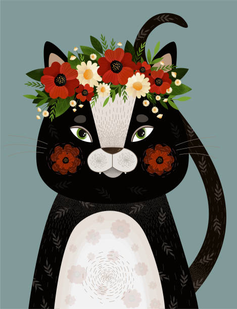 ilustrações de stock, clip art, desenhos animados e ícones de cute portrait of a black cat with a crown of poppies and daisies.decorative abstract spring cat. hand-drawn modern illustrations with vector cat and flowers on the background of mint color - coroa de flores