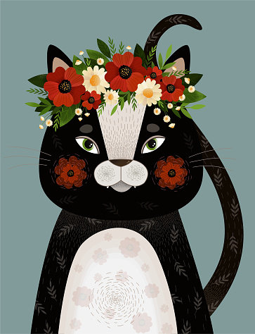 Cute portrait of a black cat with a crown of poppies and daisies.Decorative abstract spring cat. Hand-drawn modern illustrations with vector cat and flowers on the background of mint color